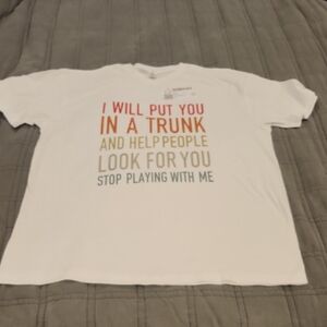 White Graphic Tee with Colorful Text Design Size XL!